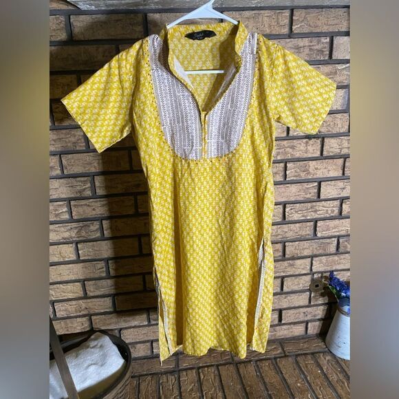 Yellow ajrak kurthi - Picture 1 of 5